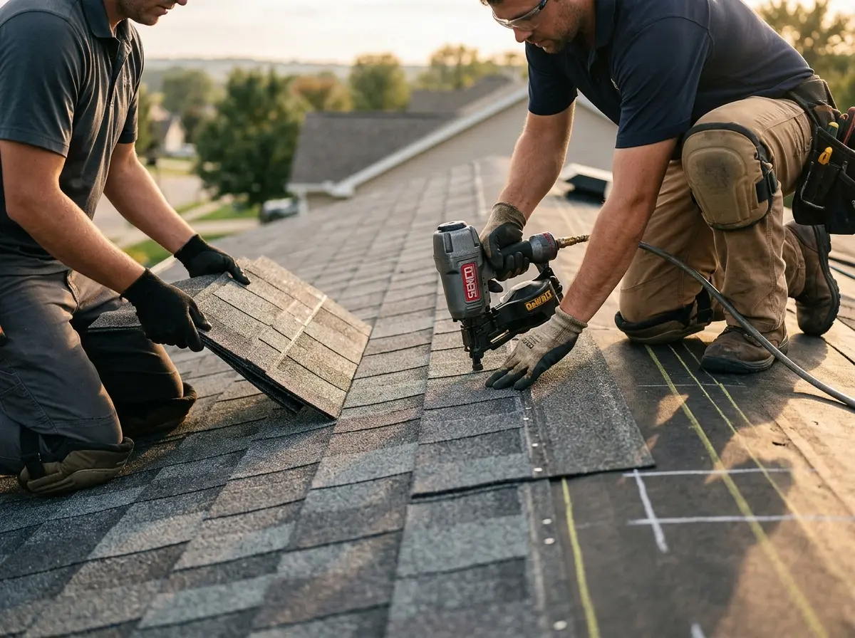 Professional roofer working on a residential roof in Woodfin